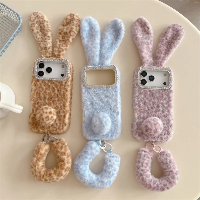 Apple Iphone 15 Pro Max - かわいい漫画風のヒョウ柄うさぎ耳付きふわふわぬいぐるみケース iPhone 18 17 Air 16